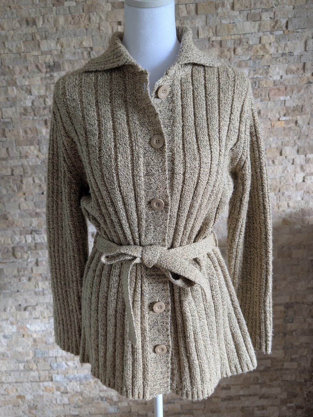 Belted Knit Cardigan Sz S Ribbed Neutral Beige Taupe Coastal Grandma Quiet Cozy